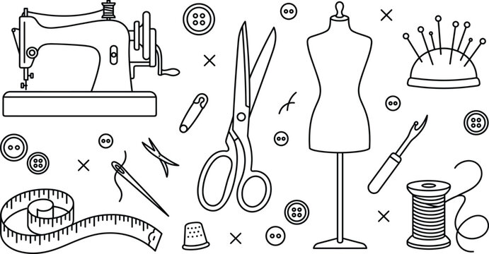 Sewing and tailoring line icon set featuring sewing machine scissors mannequin dummy and thread spool