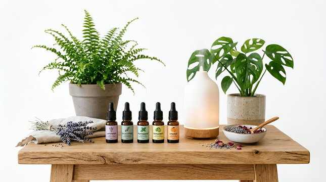 Essential oil bottles and plants on wooden table with aromatherapy diffuser