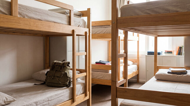 Bright hostel dorm room with wooden bunk beds backpack folded clothes books lockers for budget travel accommodation student lodging backpacker lifestyle hostel booking travel accommodation education