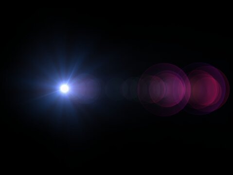 A bright blue light is positioned on the left against a black background, surrounded by a lens flare effect with concentric circles. These circles transition from blue near the light to a series of pi