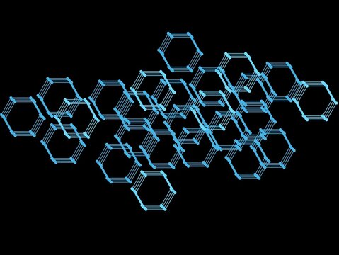 A digital representation of interconnected hexagonal shapes in light blue against a black background. The hexagons are arranged in a seemingly random pattern, with each shape comprising multiple paral