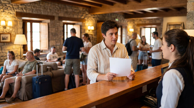 Hotel guest presents document at rustic reception desk while staff assists check in amid waiting travelers luggage warm lodge interior hospitality service vacation arrival guest care workflow