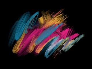 Obraz premium Abstract painting features vivid, dynamic brushstrokes on a black background. Dominant colors include blue, pink, yellow, and orange, creating a vibrant composition. The strokes vary in width and leng