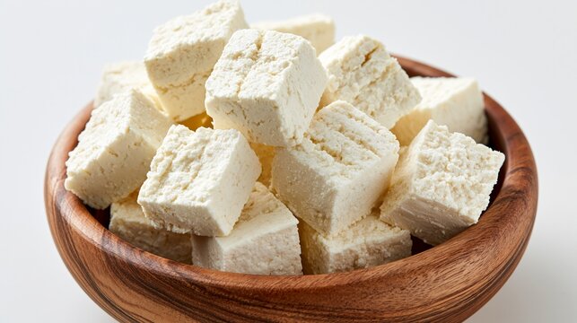Tofu cheese sits in a wooden bowl on a white backdrop.