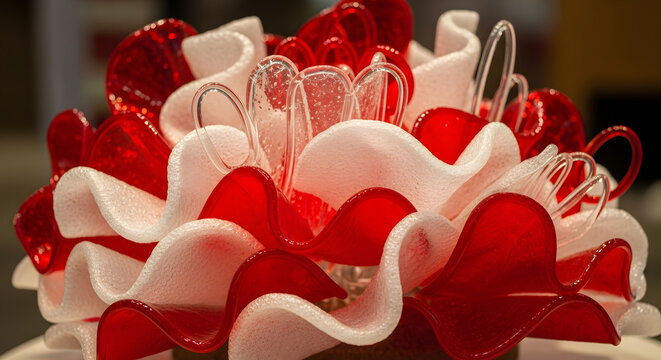 Symmetrical top down view of a blossoming red and white glass rosette 3D asset