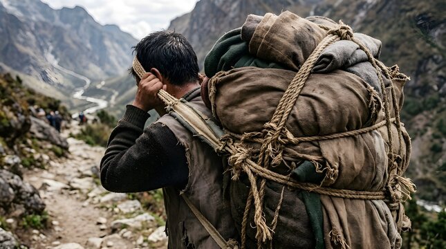 Close-up of a porter&rsquo;s back carrying a large load secured with rope and cloth, showing detailed textures and tension, with a softly blurred mountain trail background.