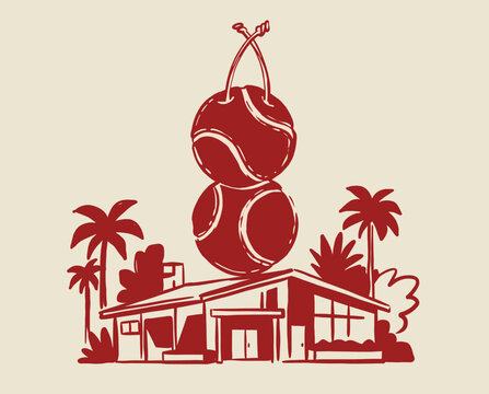 Tennis cherry, retro mid-century house, palm trees, vintage sports print, california lifestyle, red artwork, graphic design, apparel print