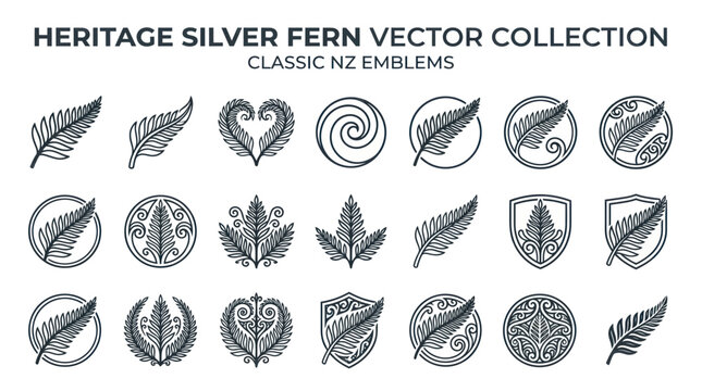 Heritage silver fern emblems and icons set for national branding