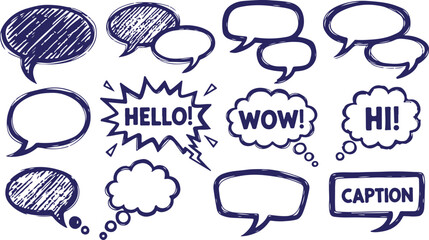 A collection of dark blue hand-drawn speech bubbles, thought clouds, and comic-style dialogue containers with expressive elements. © Mend