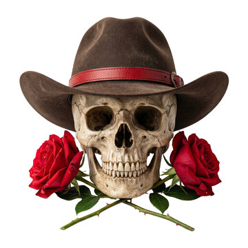 Human skull with cowboy hat and red roses during a morbid celebration isolated on transparent background