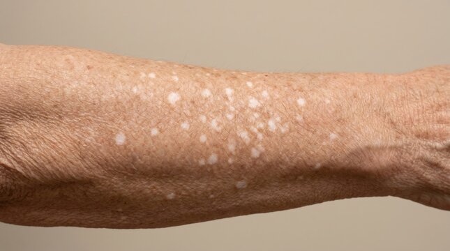 Close up of idiopathic guttate hypomelanosis presenting as small white spots on sun damaged forearm skin
