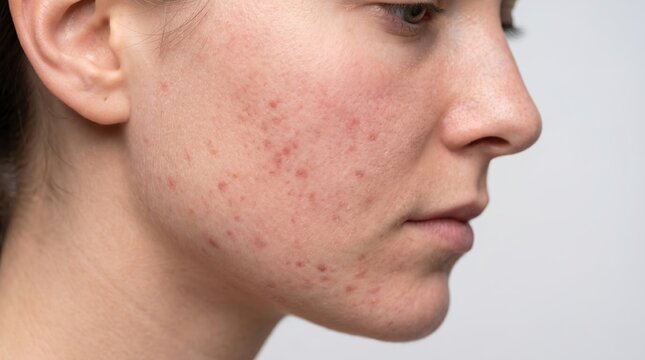 Profile view of woman cheek with post inflammatory erythema showing red acne scars and active blemishes