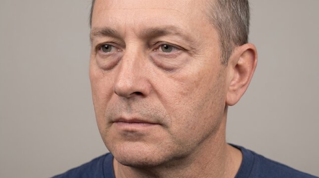 Portrait of middle aged man with prominent infraorbital puffiness dark circles and tired under eye bags