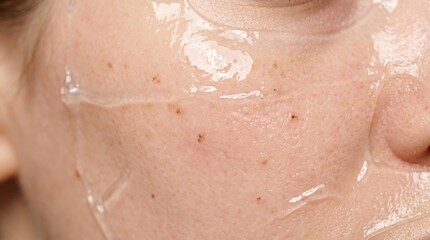 Fototapeta premium Macro view of transparent hydrogel face mask sheet applied on woman cheek with hyperpigmentation spots