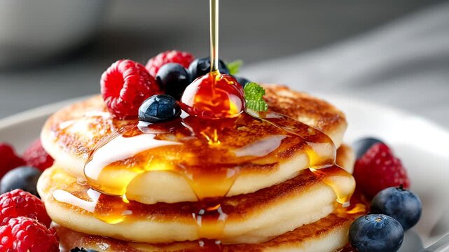 Enjoying pancakes with syrup and fresh fruits for breakfast Generative AI