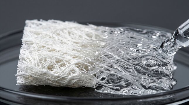 Macro photography of dry lyophilized collagen sponge absorbing transparent fluid gel in petri dish