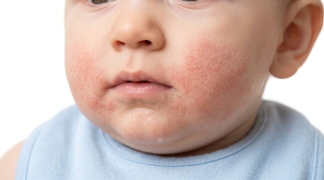 Close up of baby lower face with severe infant eczema and dry drool rash on cheeks and chin
