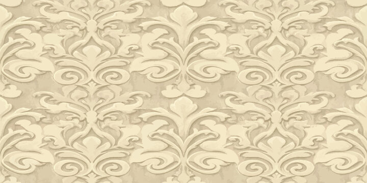 Seamless vintage damask pattern featuring scrolling leaf ornaments on textured beige background wallpaper ornament background embossed interiors