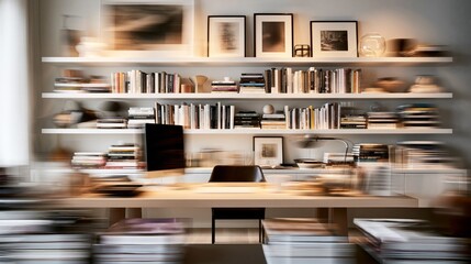 Fototapeta premium Designer's blurry office shows a desk and shelves.