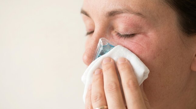 Close up of woman applying blue cooling gel pack compress on swollen red eye skin from allergic reaction