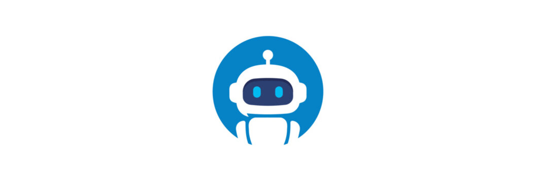 Friendly blue robot icon for customer support chat bot or artificial intelligence branding