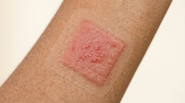 Close up of allergy patch test on mixed race arm showing positive reaction with red raised bumps under adhesive