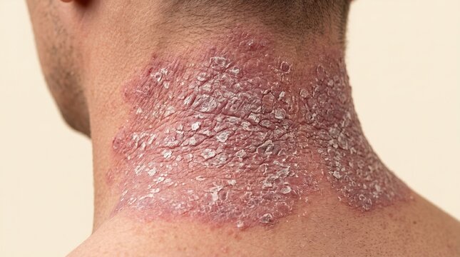 Macro view of chronic plaque psoriasis skin condition with flaky silver scales on back of male patient neck