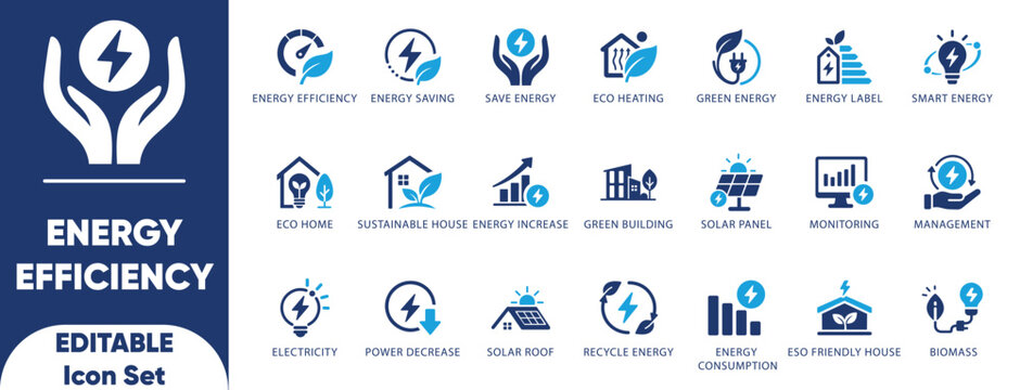 Energy efficiency icon set. monitoring, sustainability, thermostat, light bulb, heating, power, and solid icons.