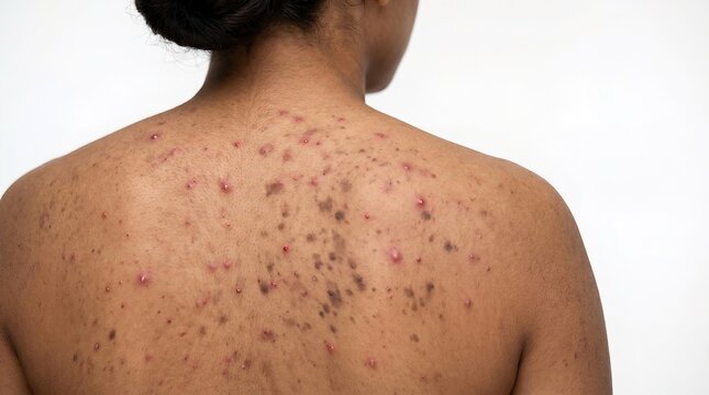 Rear view of Black woman back showing severe acne vulgaris breakouts with hyperpigmentation dark spots and scars