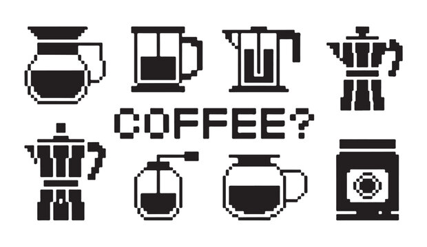 Pixel art coffee making equipment and ""coffee?"" text in retro 8-bit style on white.