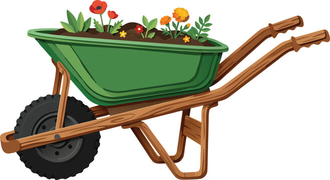 Garden wheelbarrow with flowers and soil a colorful vector illustration on a transparent background barrow gardening horticulture