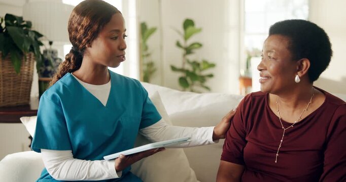 Woman, nurse and consultation on tablet in home for test results, medical report and good news. Black people, mature patient and caregiver with tech on sofa for healing progress, care plan or support