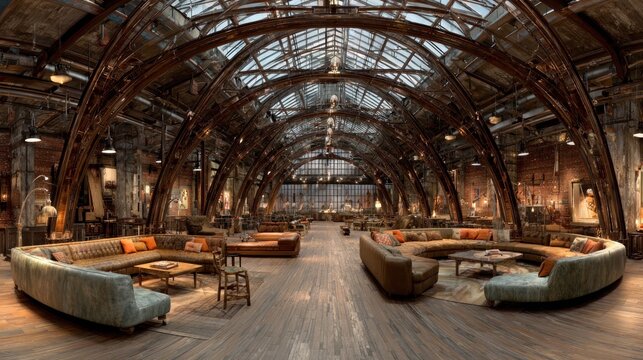 Grand industrial interior space features vaulted ceiling and expansive seating areas