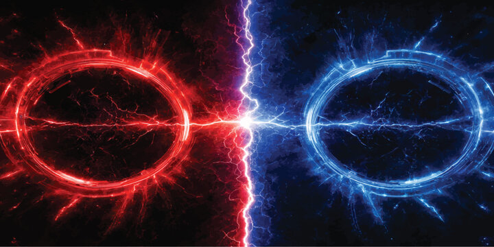 Dual red and blue circular energy rings colliding with a central electrical discharge effect lightning electric collision abstract discharge