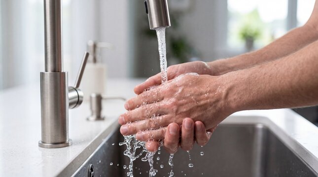 Close-up of a person washing their hands under running water in a modern kitchen sink.