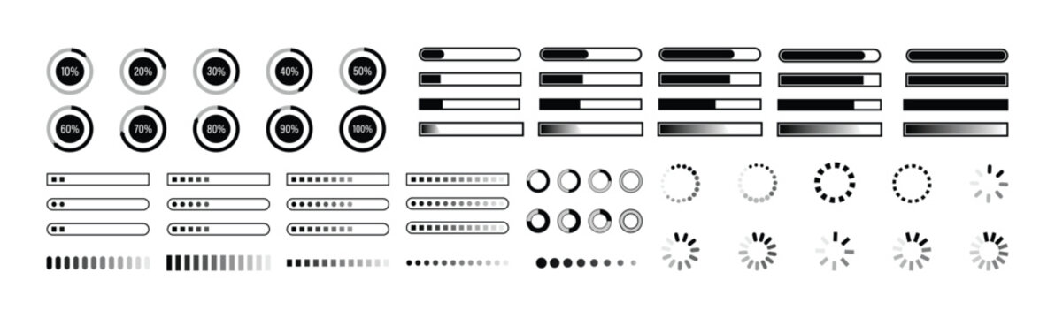 Set of loading bar icons. Set of vector loading icons. loading bar progress icon. Loading icons. Percentage loading progress bars. percentage loaders, circular spinners, collection loading status bar.
