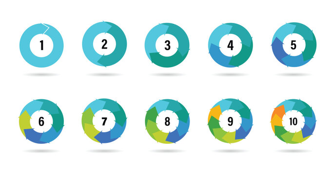 Colorful circle arrow charts. Multicolor spinning arrows, repeat circle and reload icon vector set. Circle arrows icon set. Business strategy workflow process infographic elements, circular diagrams.