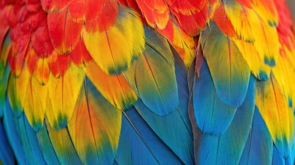 Fototapeta premium Vibrant Scarlet Macaw Parrot Feathers Macro Texture Close Up Abstract Background Pattern for Wildlife Conservation and Tropical Nature Design Projects