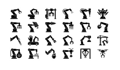 Obraz premium Modern Robot Arm Logo Symbol Collection with Robotic Manipulators Industrial Automation Icons and Mechanical Limbs