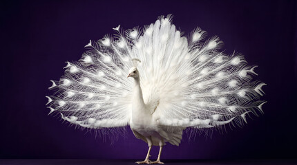 Obraz premium White peacock displaying feathers in dark dramatic lighting with elegant motion blur