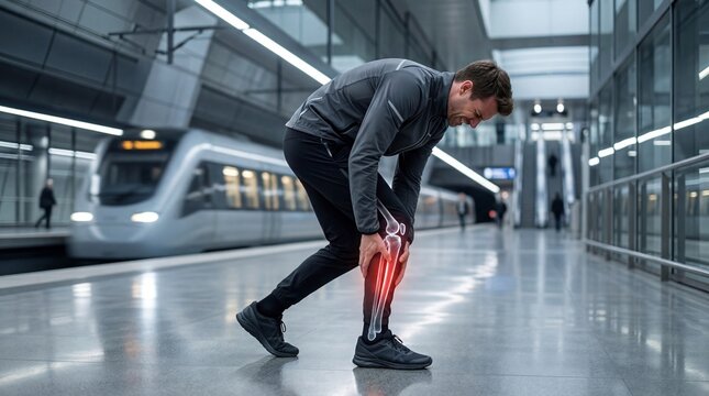 Man suffering from leg pain while standing at a train station. View of skeletal structure with highlighted focus on lower limb injury. Chronic health issue and medical diagnostic concept.
