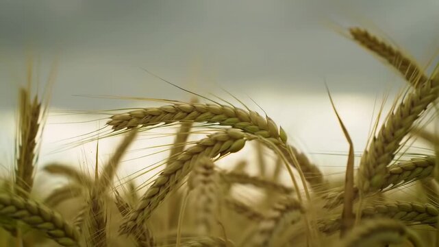 Golden wheat field under a cloudy sky, gentle breeze swaying stalks, representing agriculture and harvest season