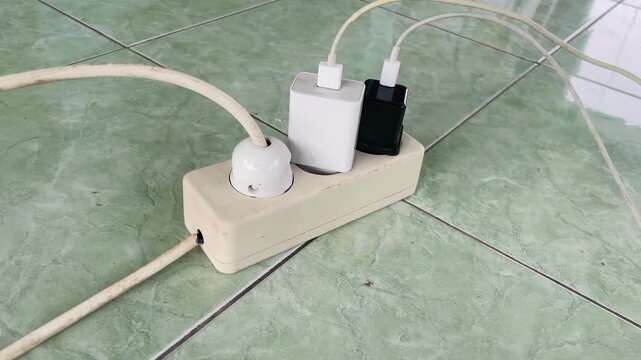 Plugging a smartphone charger into a wall power outlet, close-up of charging connection in a modern indoor environment.