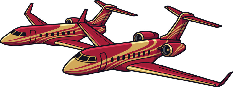 Two red and gold private jet airplanes vector illustrationTwo red and gold private jet airplanes vector illustration