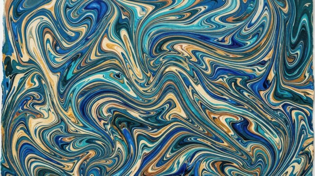 Abstract Marbled Paper Texture with Swirling Blue Teal and Gold Liquid Paint Patterns for Luxury Backgrounds and Creative Graphic Design Projects