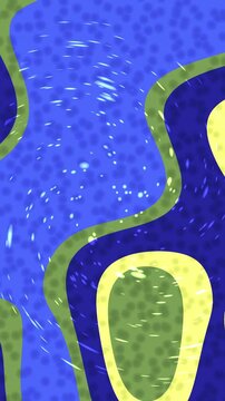 Abstract swirling pattern with blue, green, and yellow organic shapes and small white speckles.