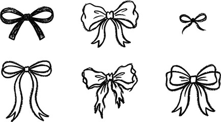 Obraz premium Hand Drawn Ribbon Bow Vector Icon Set Featuring Textured Charcoal Sketch Outlines for Cute Gift Packaging Coquette Aesthetics Branding and Craft Designs
