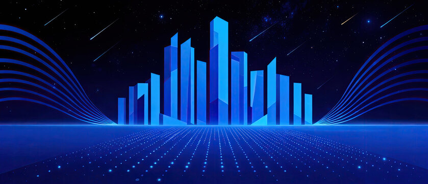 Futuristic blue cityscape with skyscrapers, data waves, and starry sky, representing technology, business, and urban innovation in a digital age.
