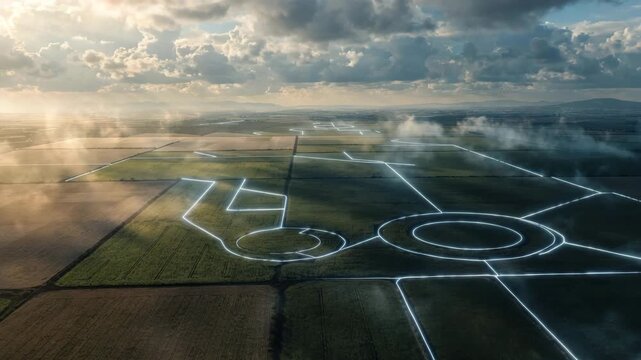 Aerial view of crop circles in a field during sunrise with dramatic clouds and sunlight rays