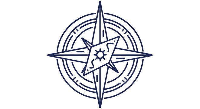A nautical compass rose illustration with a sun detail